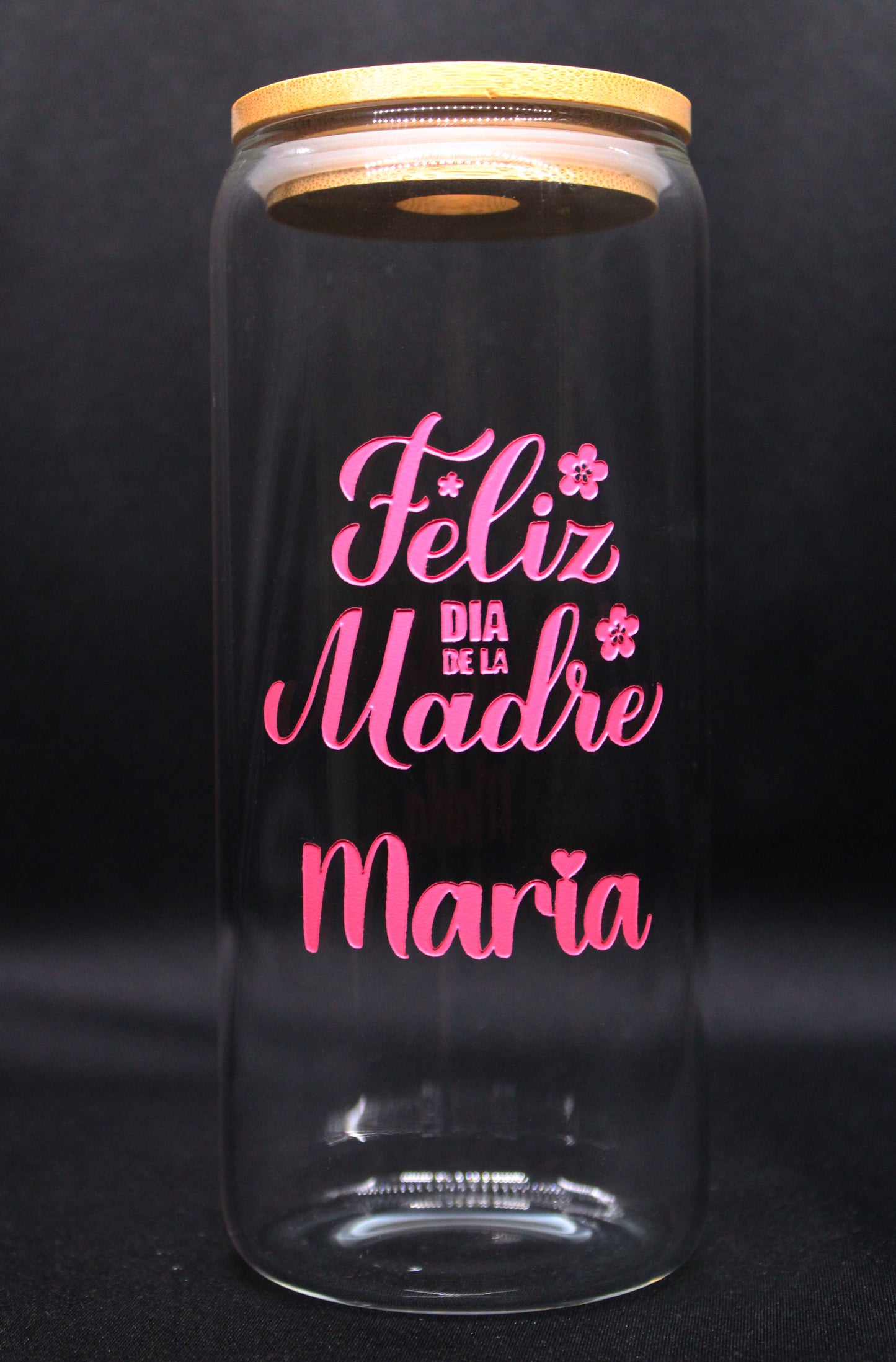 Engraved Drinking Glass with Bamboo Lid & Glass Straw