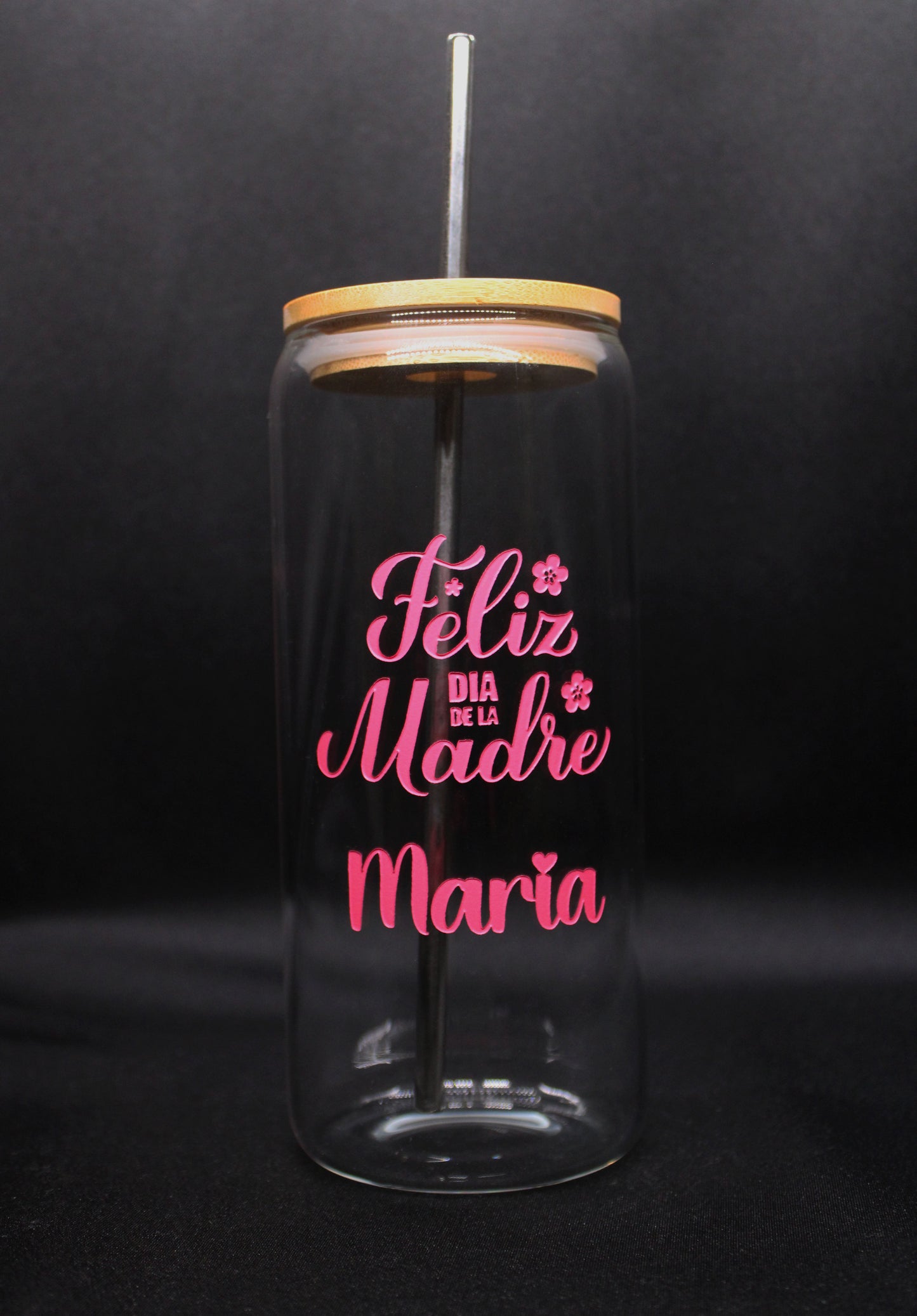 Engraved Drinking Glass with Bamboo Lid & Glass Straw